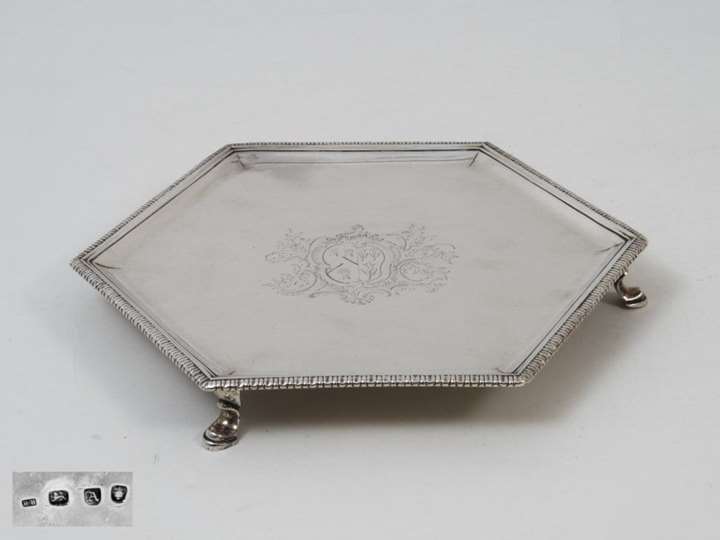 Antique Silver George II Hexagonal Salver on Three Hoof-Feet